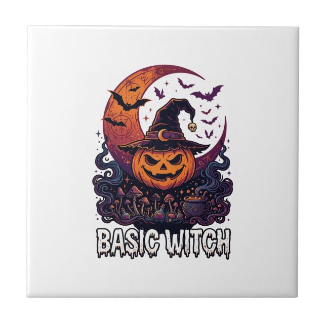 Basic Witch Halloween Pumpkin Crescent Moon Cauldr Ceramic Tile (Front)