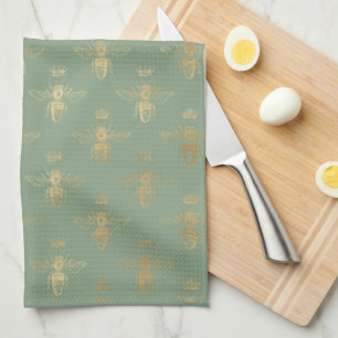 Basil Green and Gold Queen Bee  Tea Towel