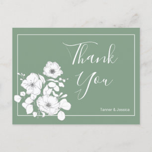 Basil Green and White Floral Wedding Thank You Postcard
