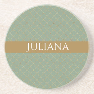 Basil Green Gold Quatrefoil Personalised Coaster