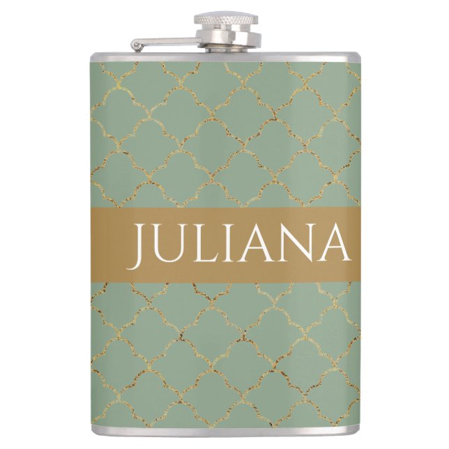 Basil Green Gold Quatrefoil Personalised  Hip Flask (Front)
