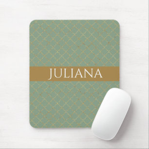 Basil Green Gold Quatrefoil Personalised Mouse Pad