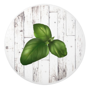 Basil Leaf White Wood Rustic Farmhouse Kitchen Ceramic Knob
