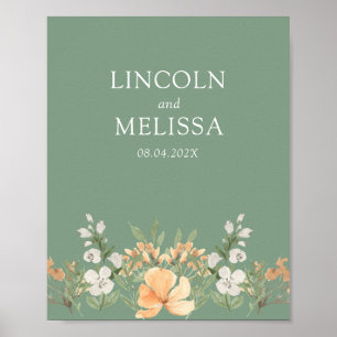 Basil, Peach and White Floral Wedding Couple Poster
