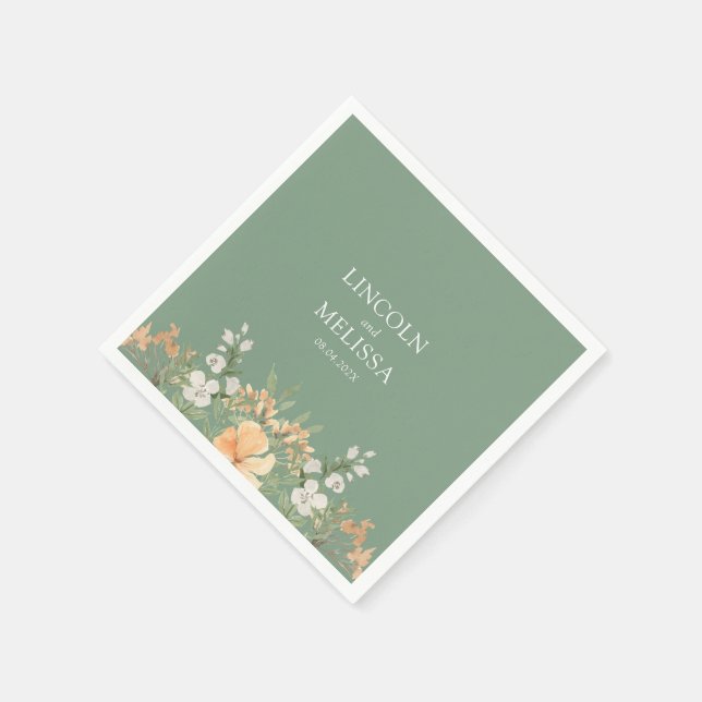 Basil, Peach and White Floral Wedding Napkin (Corner)
