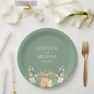 Basil, Peach and White Floral Wedding Paper Plate