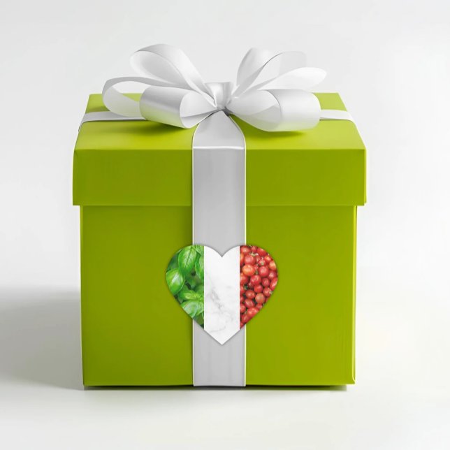 Basil White Marble and Tomato Italian Flag  Heart Sticker (Flag of Italy Sticker with Basil, White Marble, and Tomatoes - Italian Envelope Seal or Favor Accent)