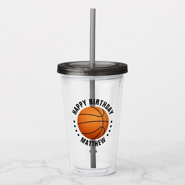 Basket Ball Happy Birthday Name Acrylic Tumbler (Front)