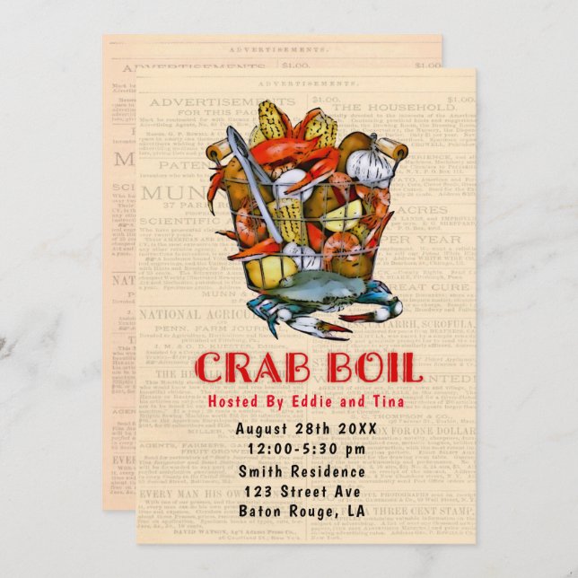 Basket Crab Boil Party Invitation (Front/Back)
