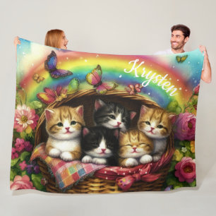 Basket Kittens Rainbow Roses Butterflies Name Fleece Blanket