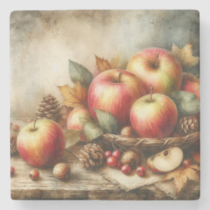Basket of apples on table vintage watercolor stone coaster