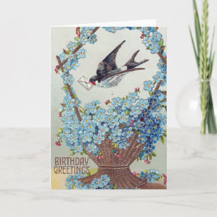 Basket of Blue Flowers Bird Birthday Card