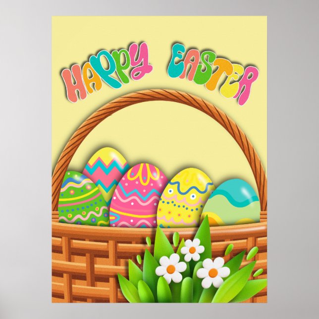 Basket of coloured Easter Eggs | Happy Easter wall Poster (Front)