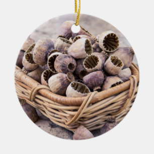 Basket of Dried Pod Poppy Seeds Ceramic Ornament
