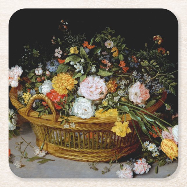 Basket of Flowers, Jan Brueghel the Younger Square Paper Coaster (Front)