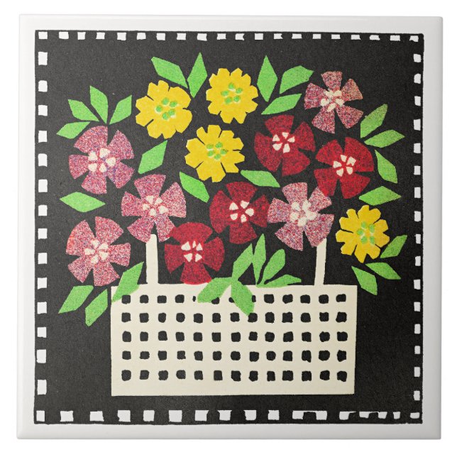 Basket of Flowers, red and yellow, Ceramic Tile (Front)