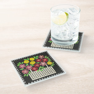 Basket of Flowers, red and yellow, Glass Coaster