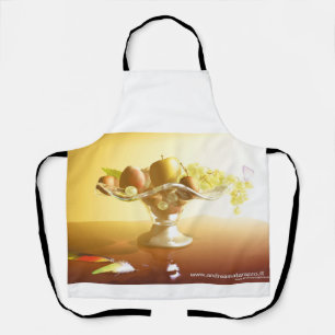 Basket of glass with fruits and batterfly   apron