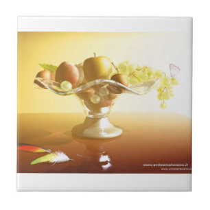 Basket of glass with fruits and batterfly ceramic tile