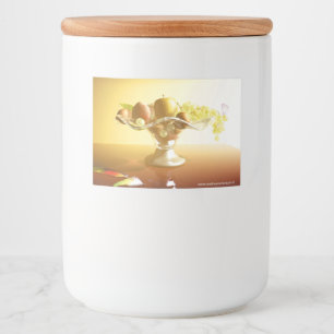 Basket of glass with fruits and batterfly food label