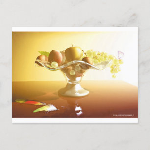 Basket of glass with fruits and batterfly postcard