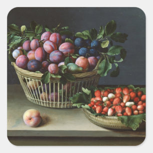 Basket of Plums and Basket of Strawberries, 1632 Square Sticker