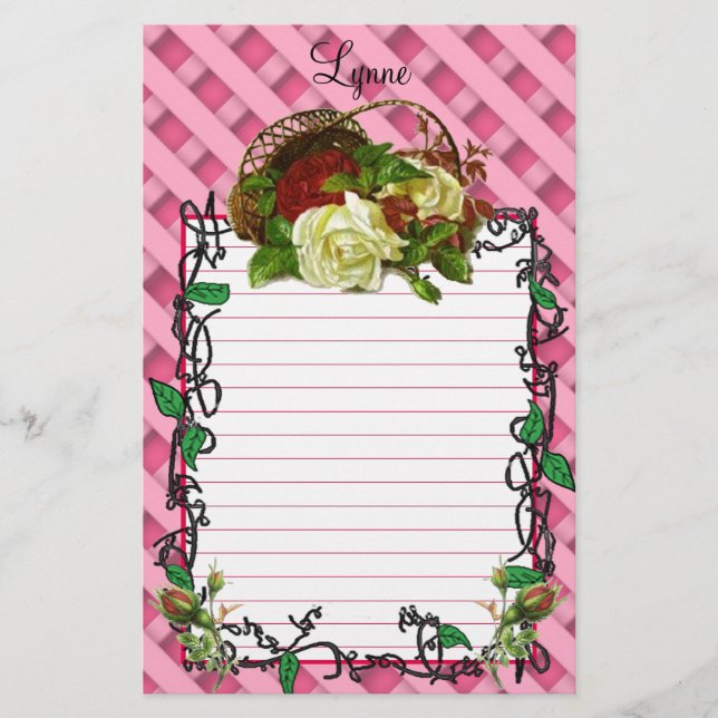 Basket of Red and White Roses Stationery (Front)