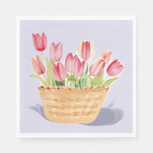 Basket of Tulips   Floral Watercolor Painting Napkin