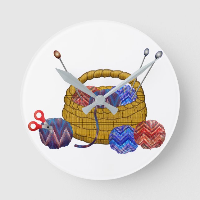 Basket of Yarn Knitting Needles Crochet Craft Round Clock (Front)