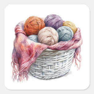 Basket of Yarn Wool Knitting Crochet  Square Sticker