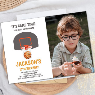 Basket Orange Ball Basketball Invitations w photo