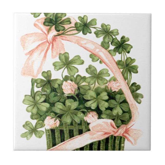 Basket Pink Ribbon Shamrock Four Leaf Clover Ceramic Tile (Front)
