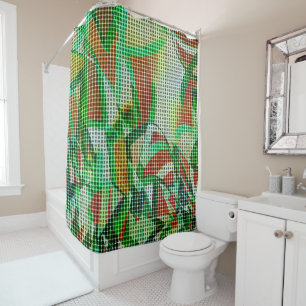 Basket style on green curved tapes, coral details shower curtain