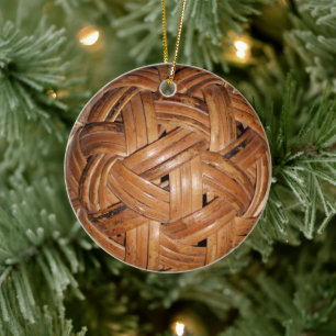 Basket Weave Ball, Mistletoe, Christmas Greetings Ceramic Ornament