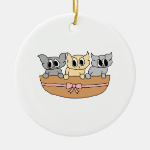 Basket with 3 Kittens, Cartoon. Ceramic Tree Decoration
