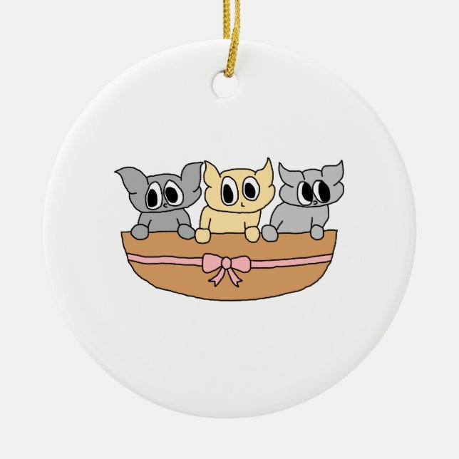 Basket with 3 Kittens, Cartoon. Ceramic Tree Decoration (Front)
