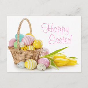 Basket with Easter Eggs on White Background Holiday Postcard