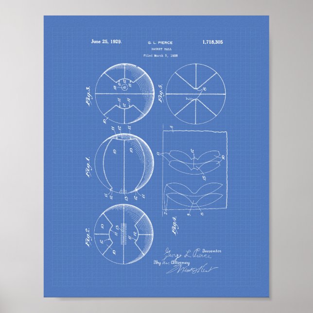 Basketball 1929 Patent Art Blueprint Poster (Front)