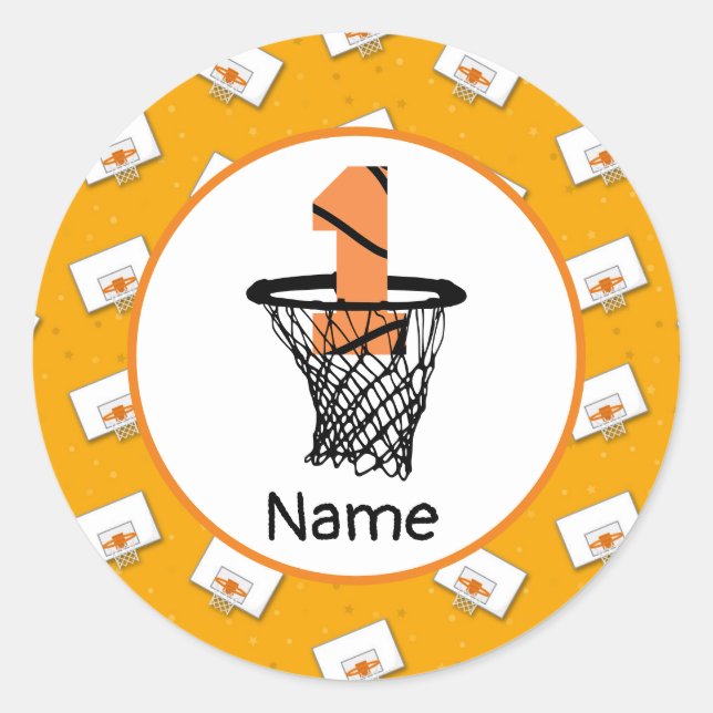 Basketball  1st Birthday with number in mini hoop  Classic Round Sticker (Front)