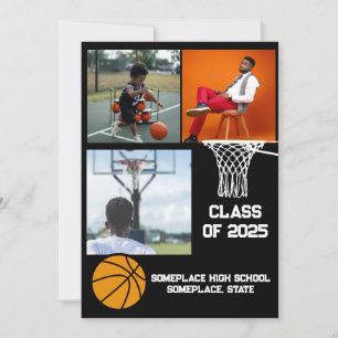 Basketball 3 Photo Collage Black Graduation Invitation