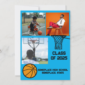 Basketball 3 Photo Collage Light Blue Graduation  Announcement