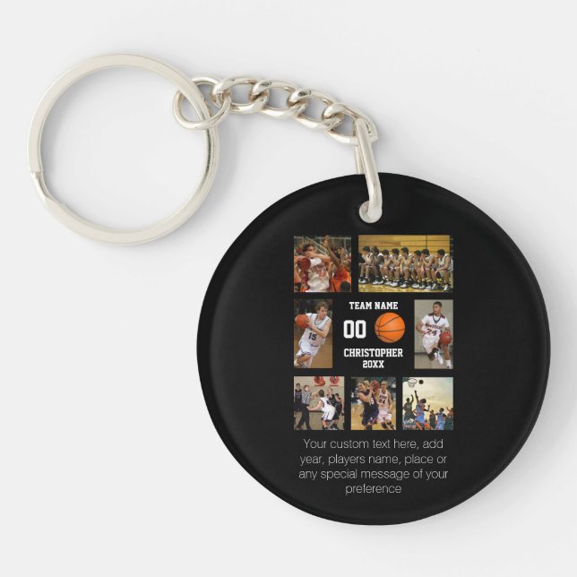 Basketball 7 photo collage personalised black key ring (Front)