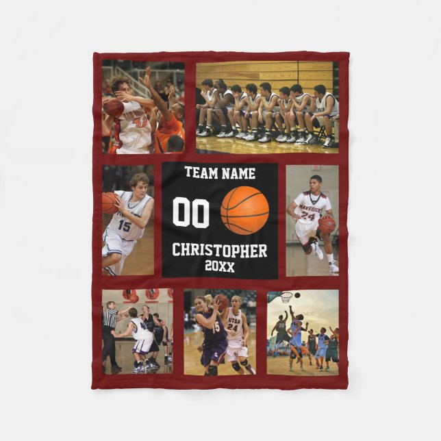 Basketball 7 Photo Collage Red Wine Small Fleece Blanket (Front)