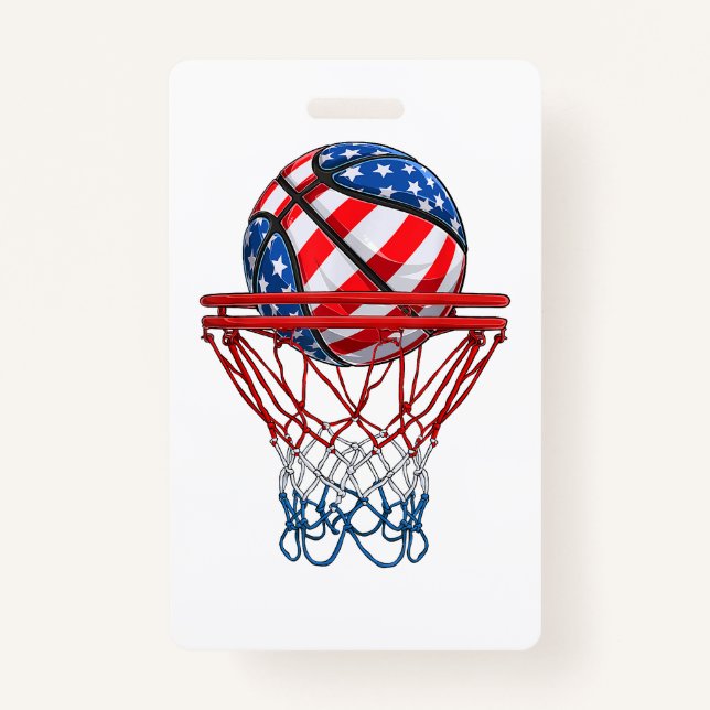 Basketball American Patriotic 4th Of July US Flag ID Badge (Front)
