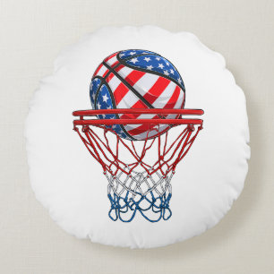 Basketball American Patriotic 4th Of July US Flag Round Cushion