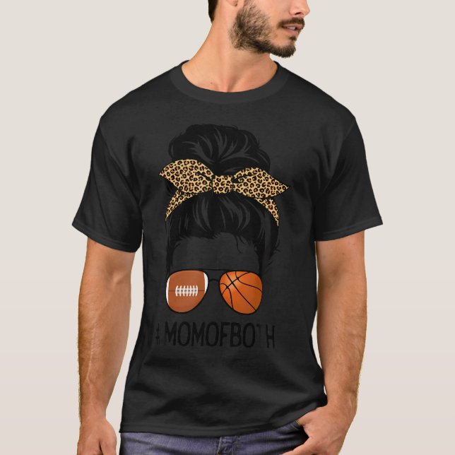 Basketball And Football Mum Of Both Messy Bun Moth T-Shirt (Front)