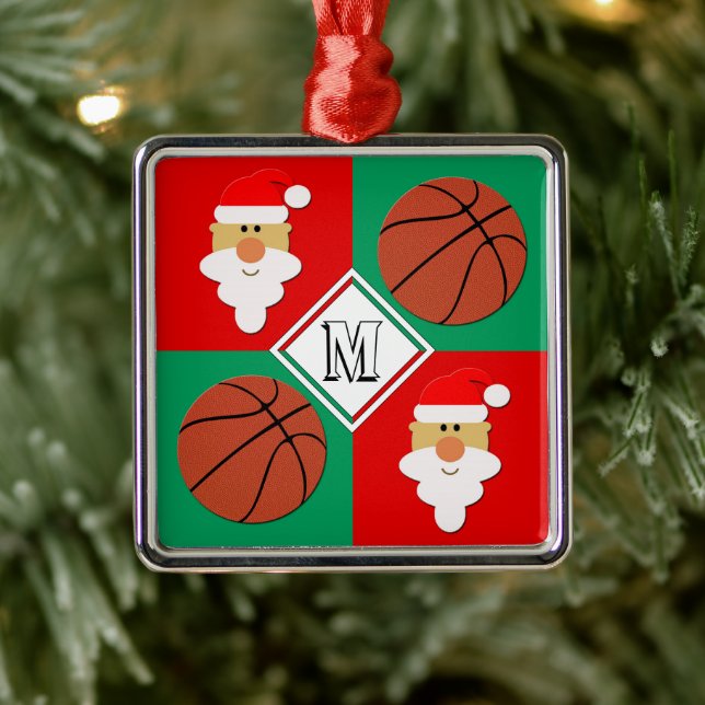 Basketball and Santa Custom Text Letter Christmas Metal Ornament (Tree)