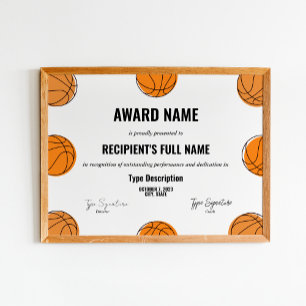 Basketball award certificate, mvp award poster
