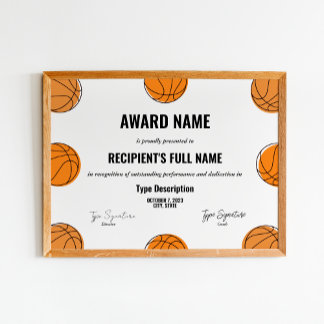 Basketball award certificate, mvp award poster