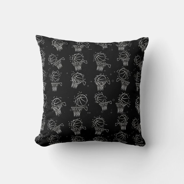 Basketball - Ball and Hoop Pattern on Black Backgr Cushion (Front)